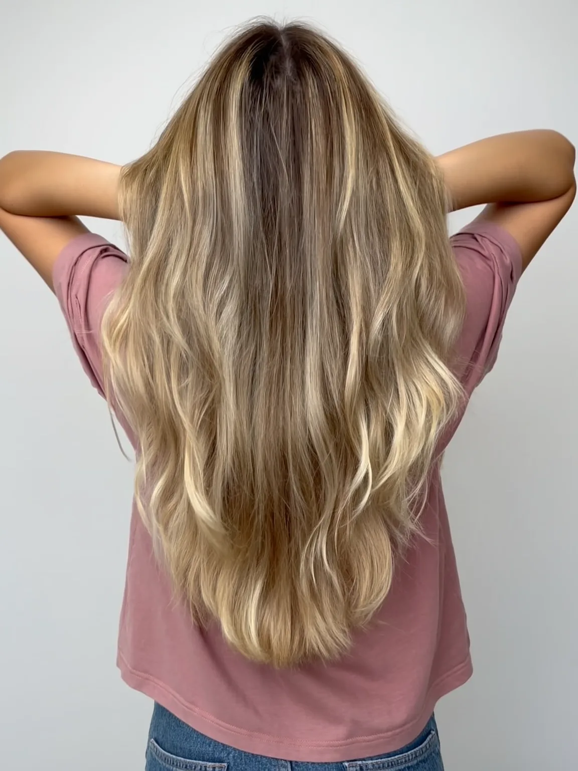 Medium Volumed Wavy Sandy Blonde Long Layers with Dark Roots
